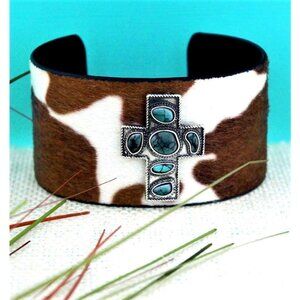 Cuff Bracelet. Faux Cowhide. Burnished Silver Turquoise Cross.